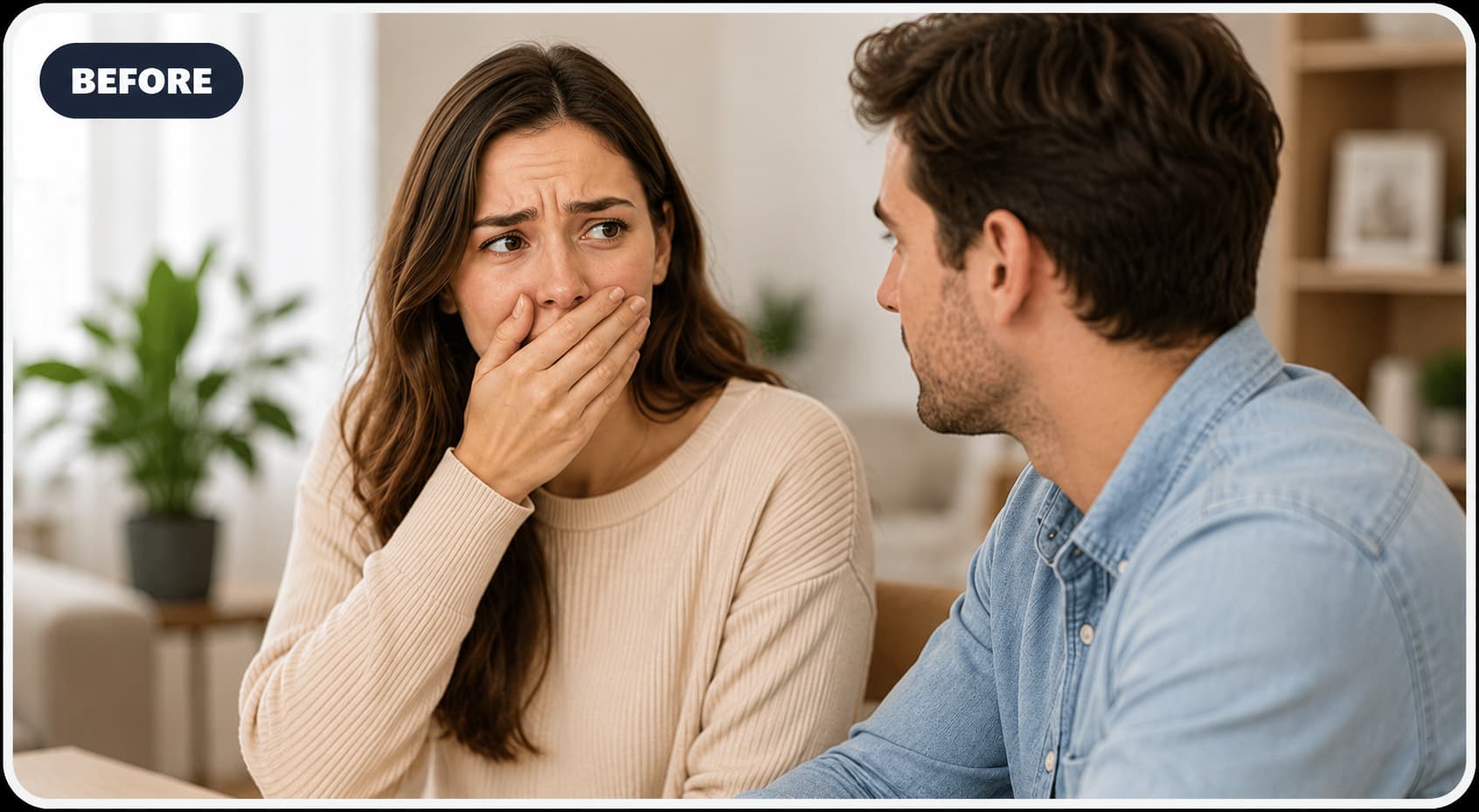 Woman covering her mouth mid-conversation while a man looks at her with concern, feeling self-conscious about her breath