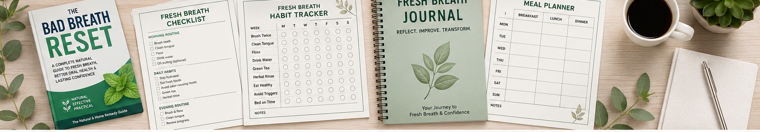 The Bad Breath Reset guide with its checklist, habit tracker, journal, and meal planner spread on a desk