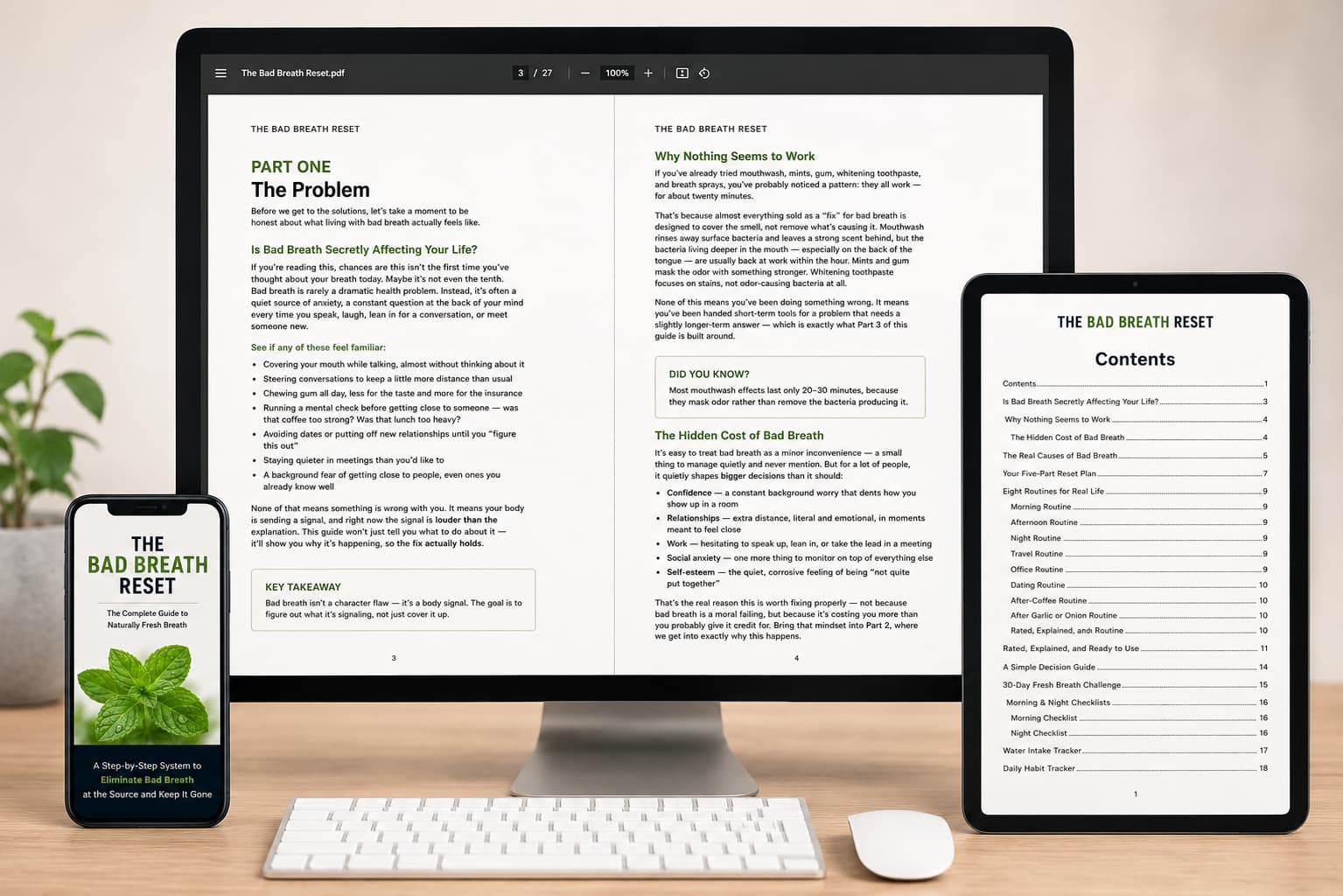 Screenshot of The Bad Breath Reset PDF open on desktop, tablet and phone, showing Part One: The Problem and Why Nothing Seems to Work