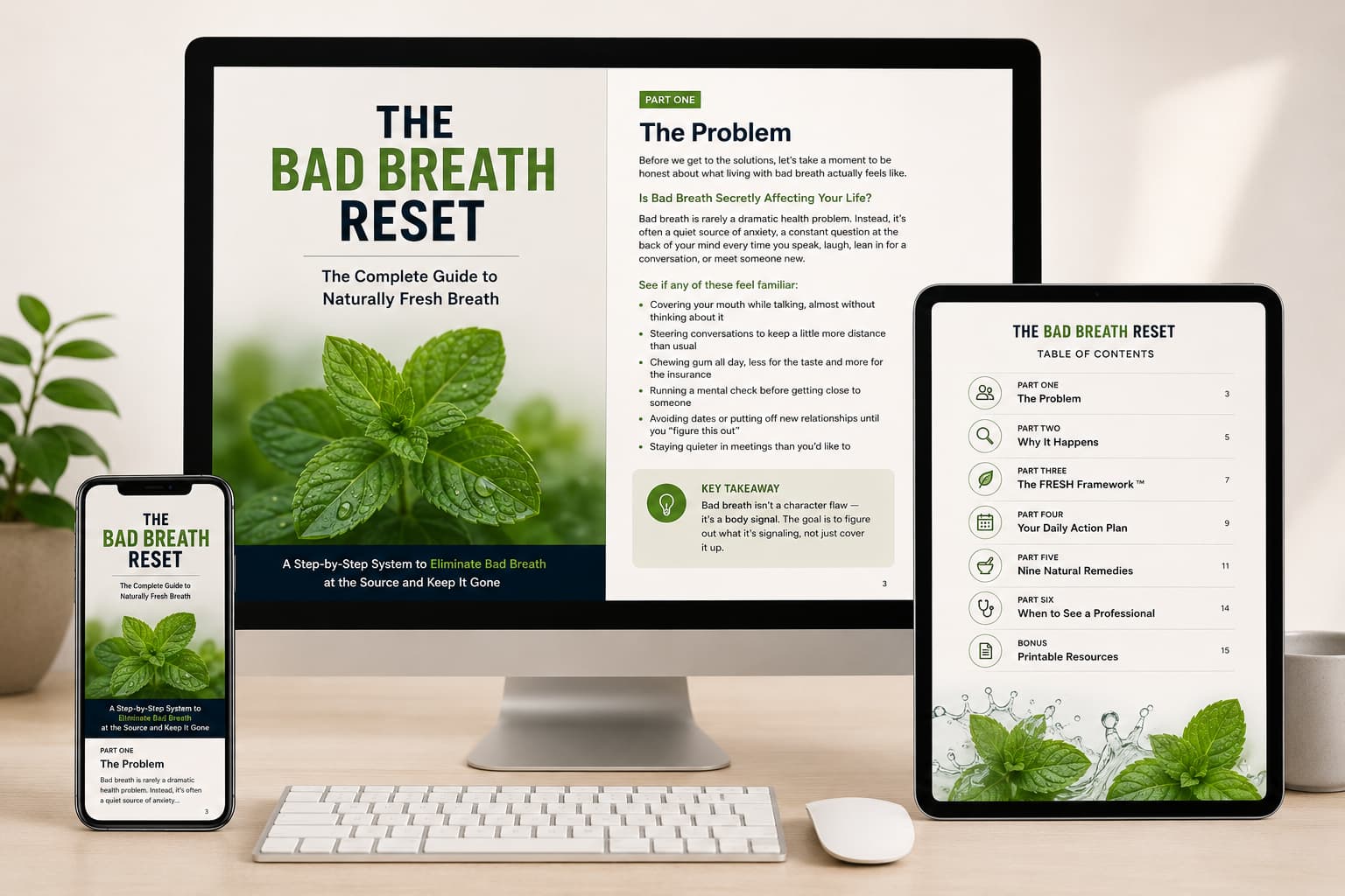 Screenshot of The Bad Breath Reset PDF cover and table of contents, listing the FRESH Framework, daily action plan, natural remedies, and printable resources