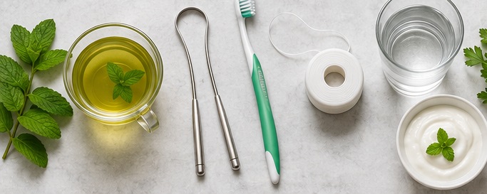 Natural remedy ingredients laid out: green tea, mint, tongue scraper, toothbrush, floss, water, and yogurt