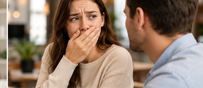 Woman covering her mouth, feeling self-conscious about her breath mid-conversation